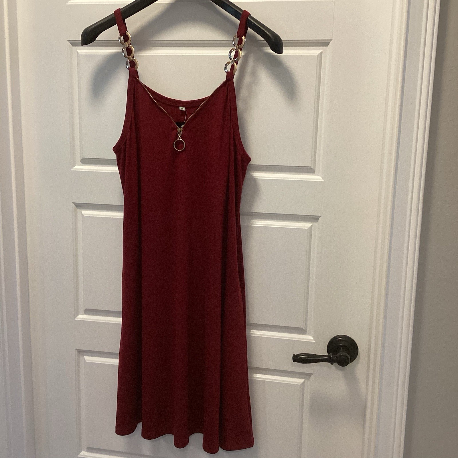 Etcyy BURGUNDY Zip V Neck Dress GOLD ACCENTS SIZE M