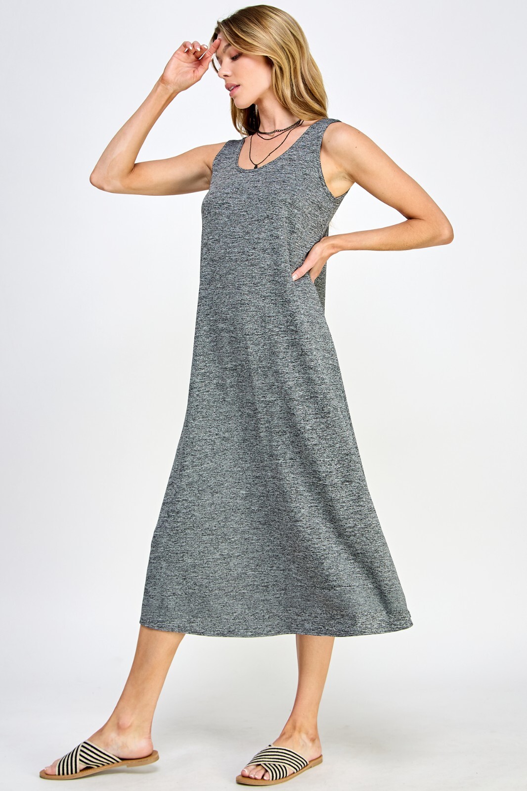 Travel Knit Dress, long A-Line Tank, Stretchy NO-IRON poly/span. H. Grey