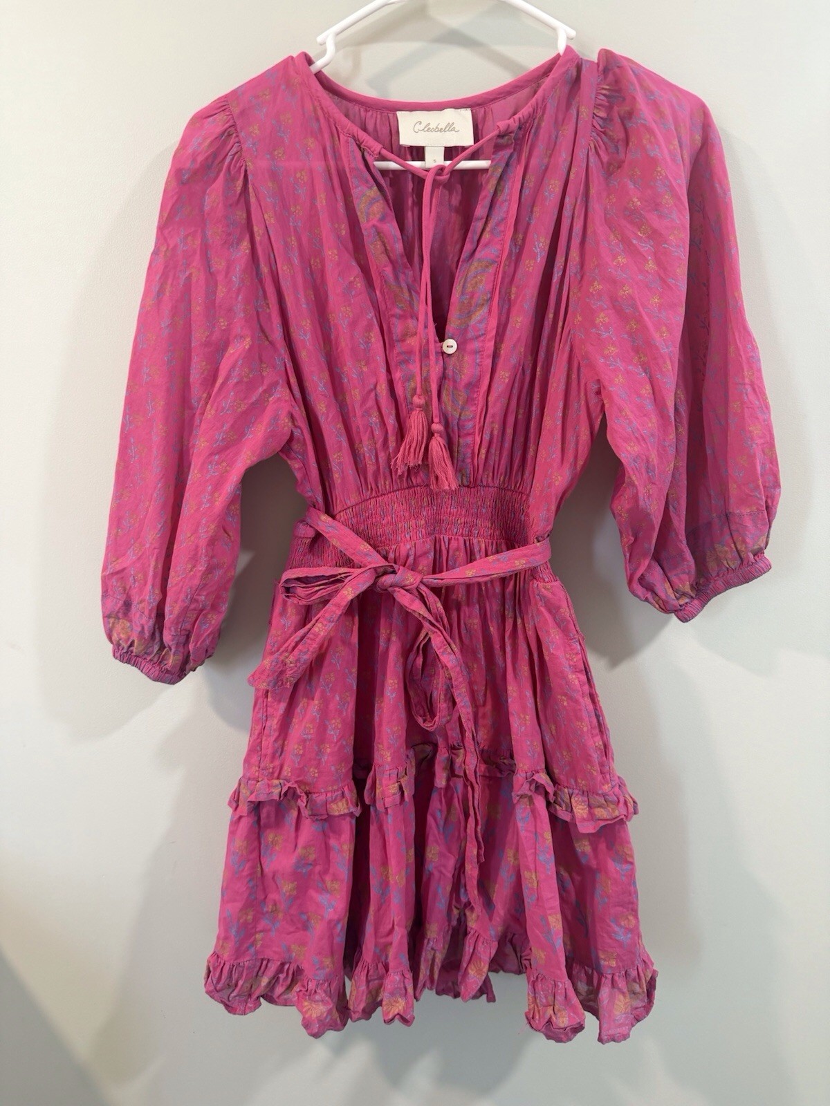 Cleobella Hot Pink Ruffle Boho Flower Print Dress Organic Cotton Size Small