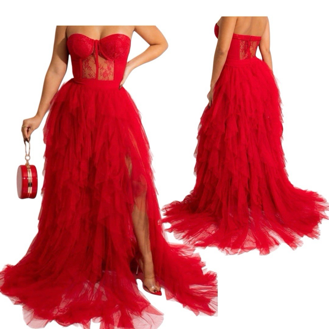 Corset-ruffled red backless Dress Size: Large