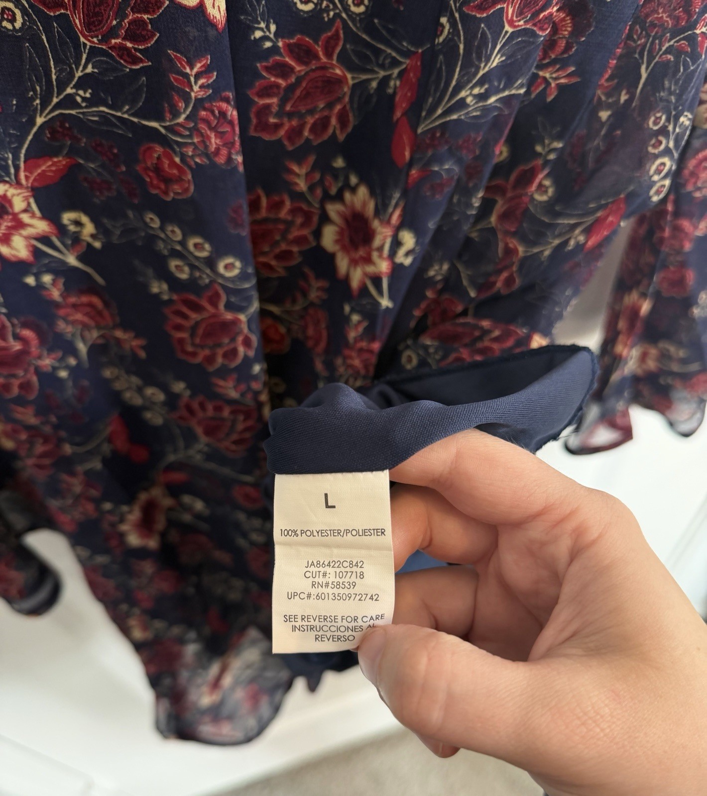 Speechless Navy Red Floral Chiffon Shift Dress Long Bell Sleeve Round Neck Large