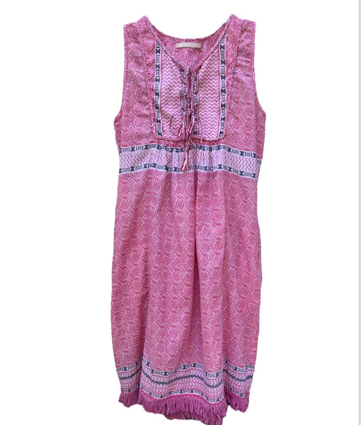 LOLA Australia Womens Nirvana Print Boho Sun Dress In Cobble Pink Fringe Bottom