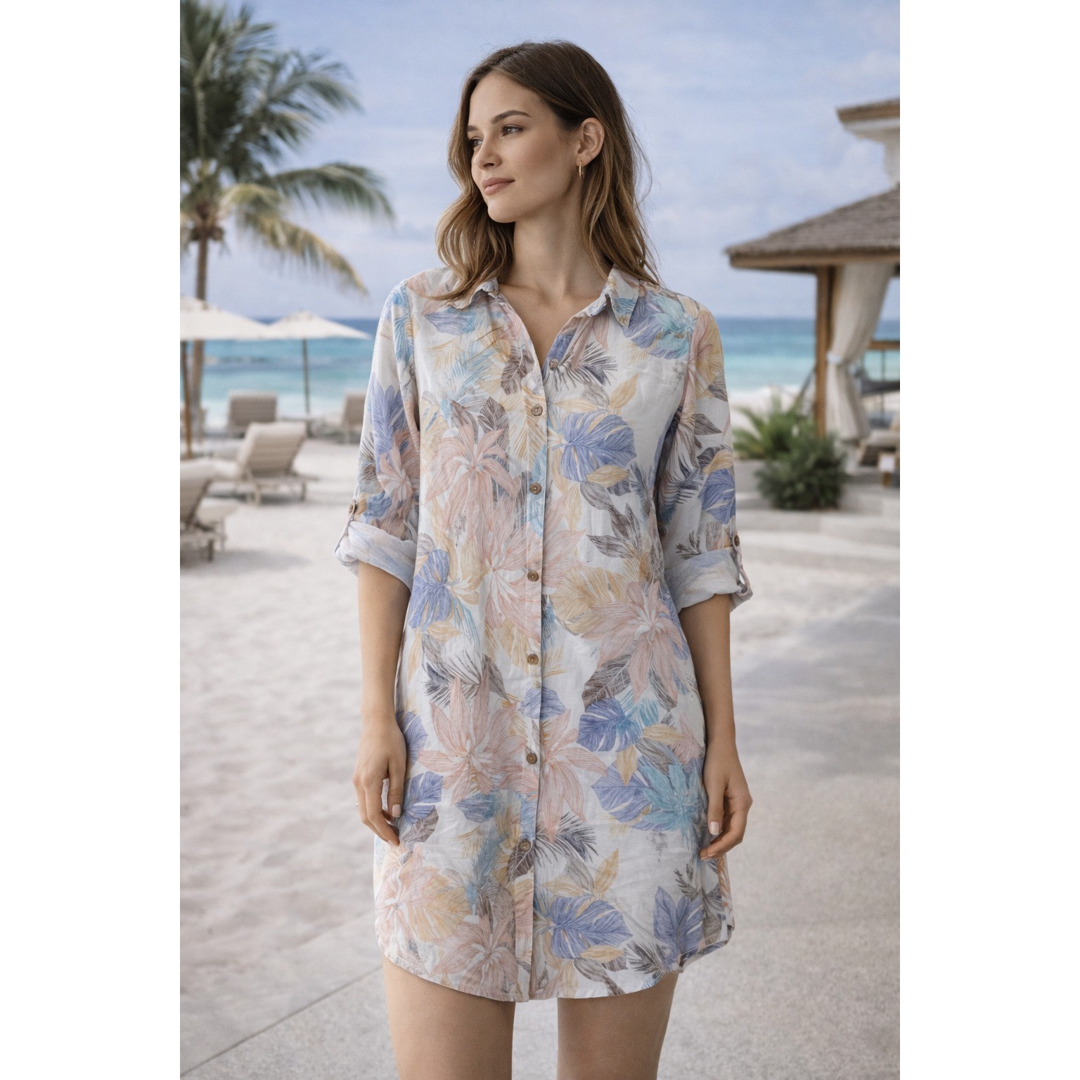 Rosemarine Linen Floral Shirt Dress Button Front Roll Tab Italy Size M