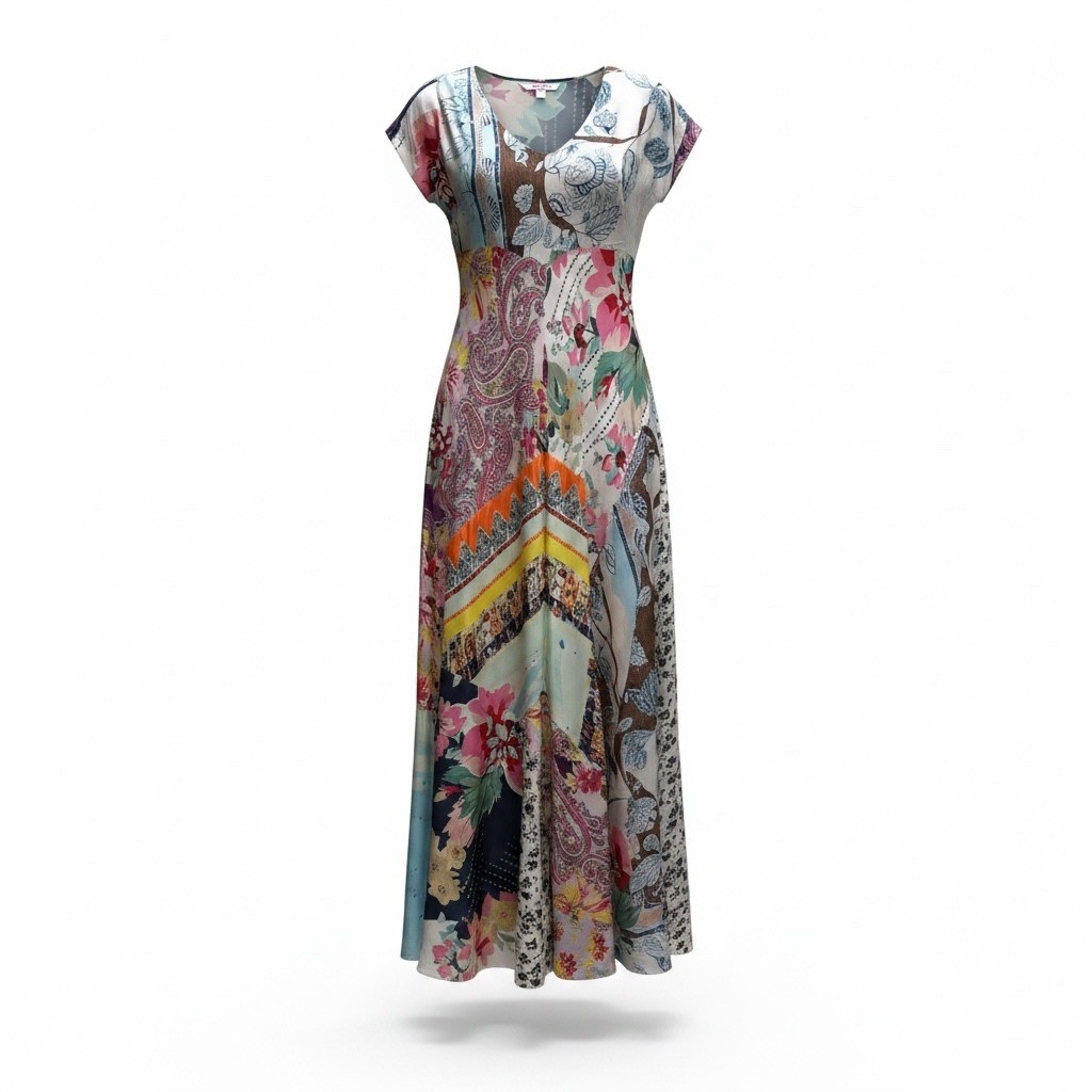 Johnny Was Georgette Patchwork Floral Paisley Maxi Dress V-Neck PXS Multi-Color