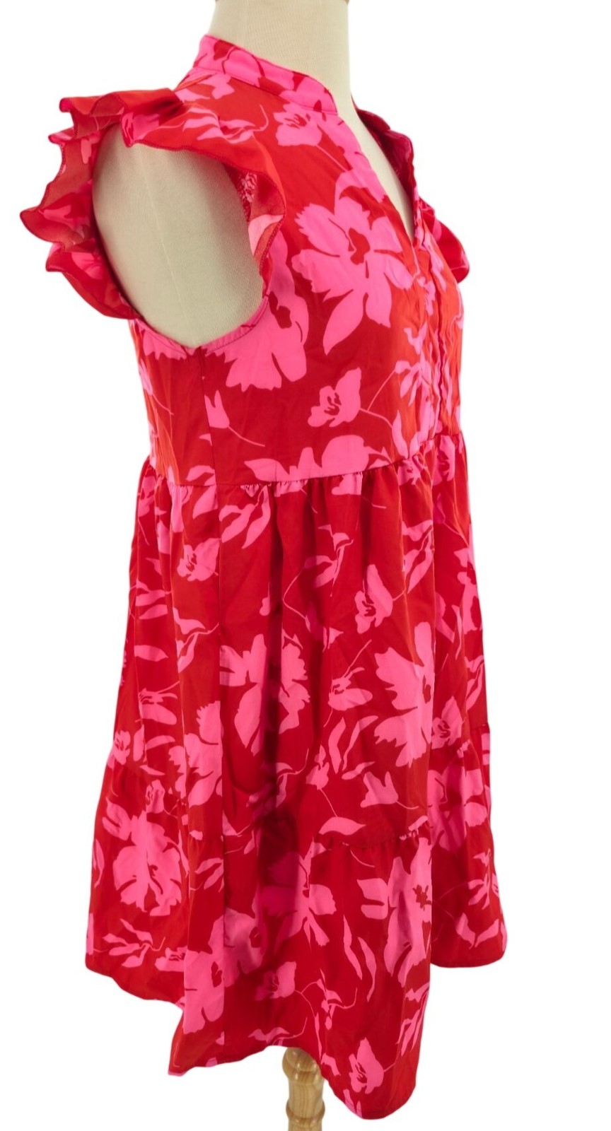 Ruffle Cap Sleeve Mock Split V-Neck Bright Floral Tiered Tropical Mini Dress