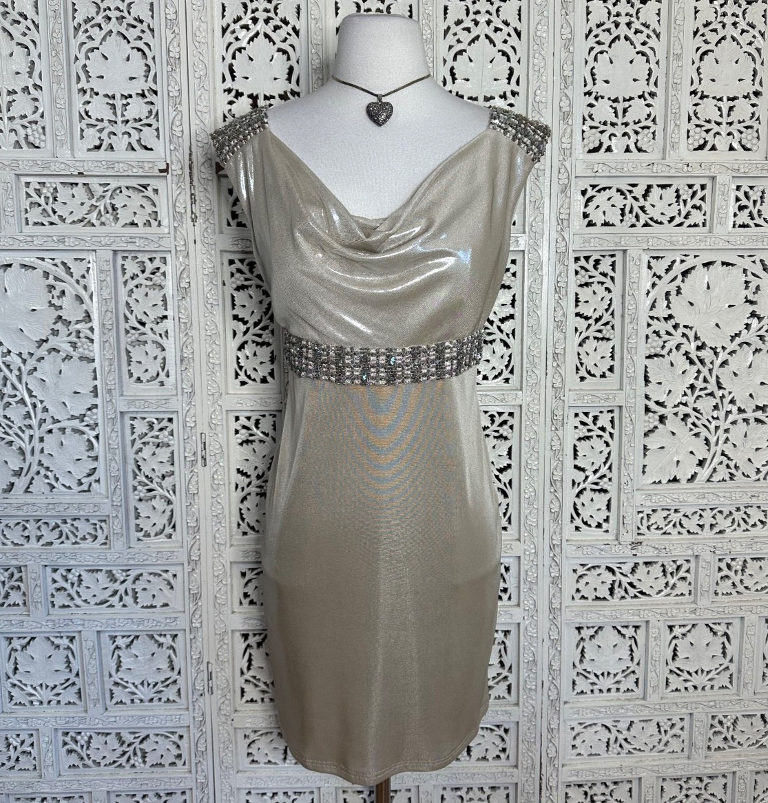 David Meister NWT Light Gold Metallic Sequin Fairy Core Cowl Neck Formal Dress