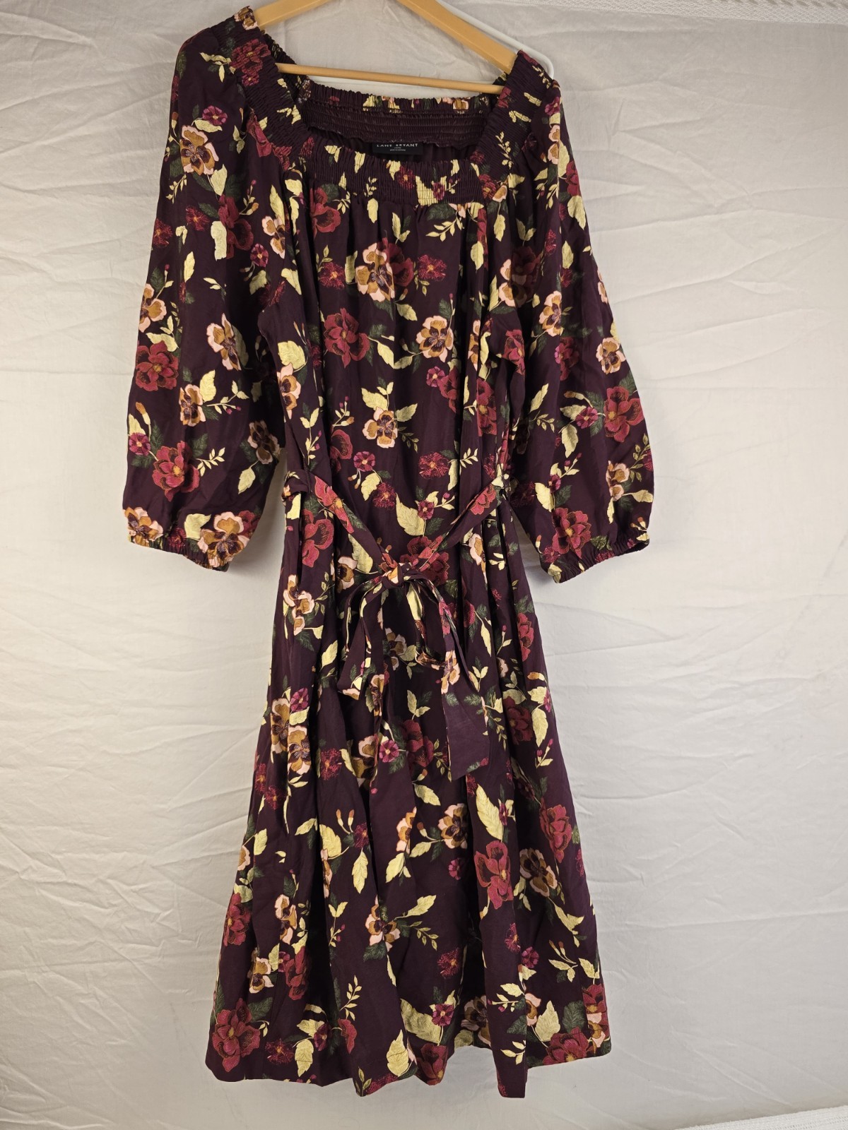 Lane Bryant Purple Floral Smocked Square Neck Belted Lined Midi Dress 14/16