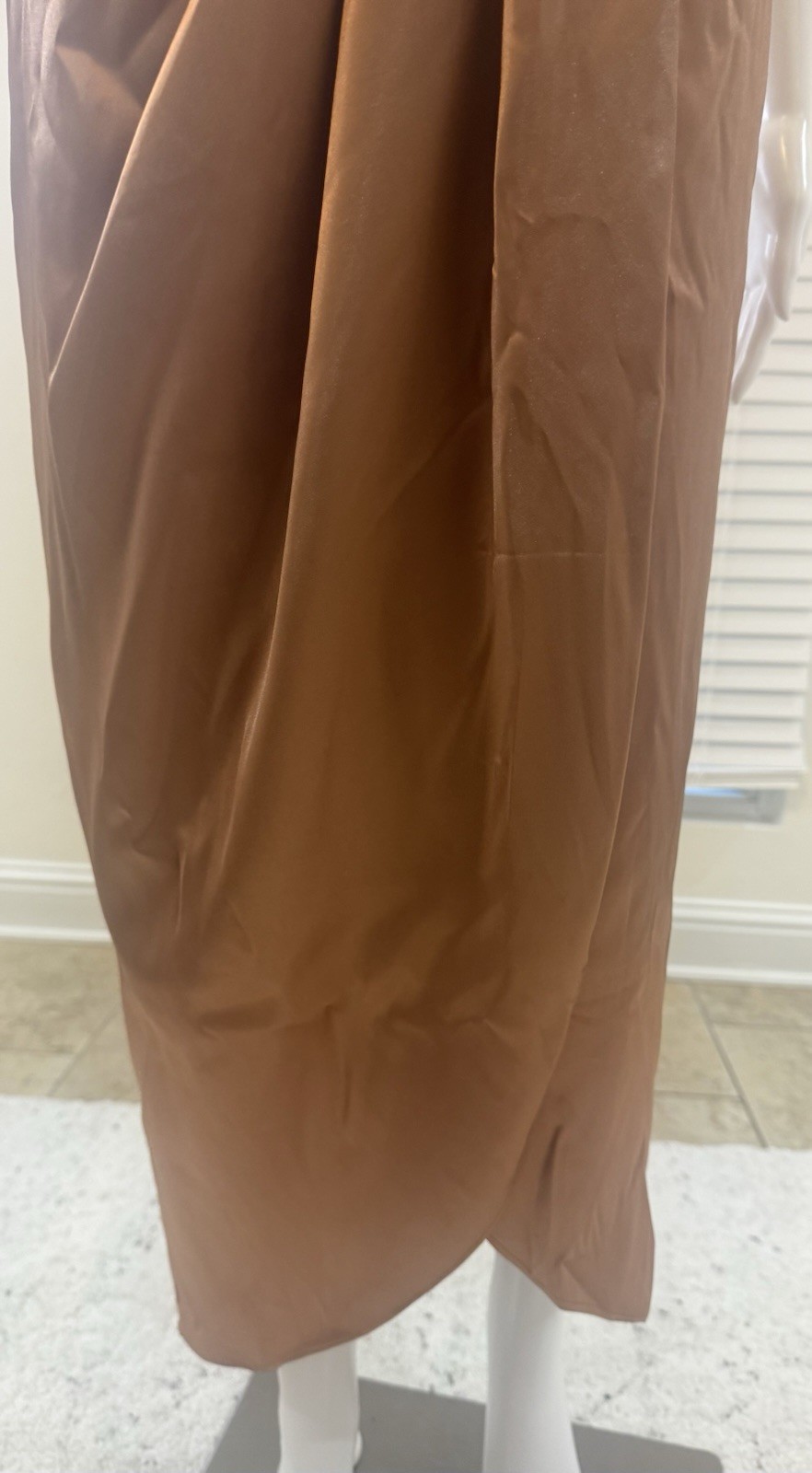 After Six Stretch Satin Toffee Halter Midi Dress with Draped Tulip Skirt Size 2R