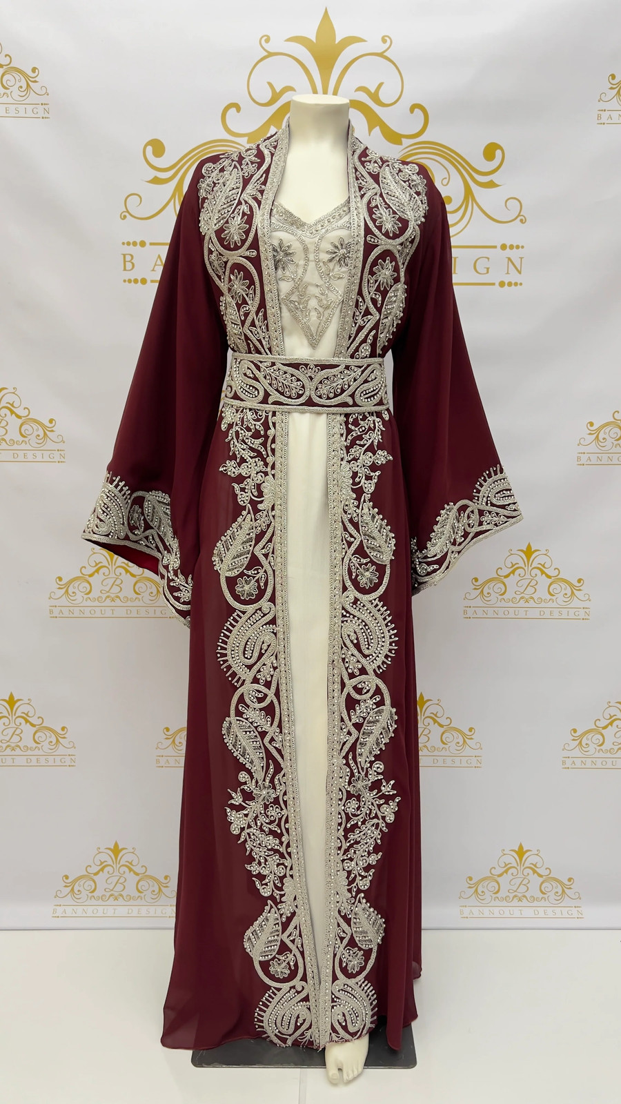 Fancy Kaftan Caftan Abaya 3 Pcs. Leaves Embellished Embroidery & Silver Beads