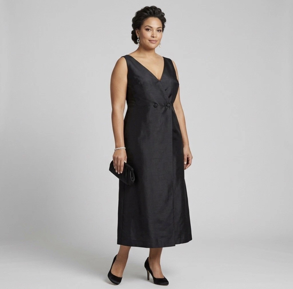 Jones New York Evening Dress Womens Black 14 Silk Midi Double Breasted Formal