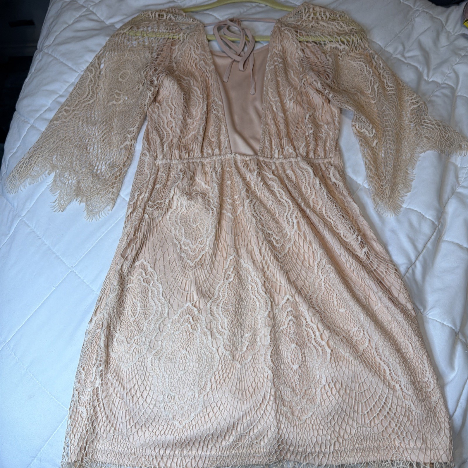 Soieblu Lace Overlay Lined Medium Romantic Boho Dress Beige Nude