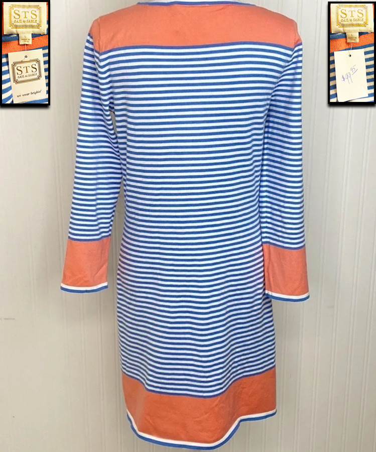 NWT! SAIL TO SABLE BLUE WHITE CORAL NAUTICAL STRIPED COTTON KNIT BLEND DRESS L !