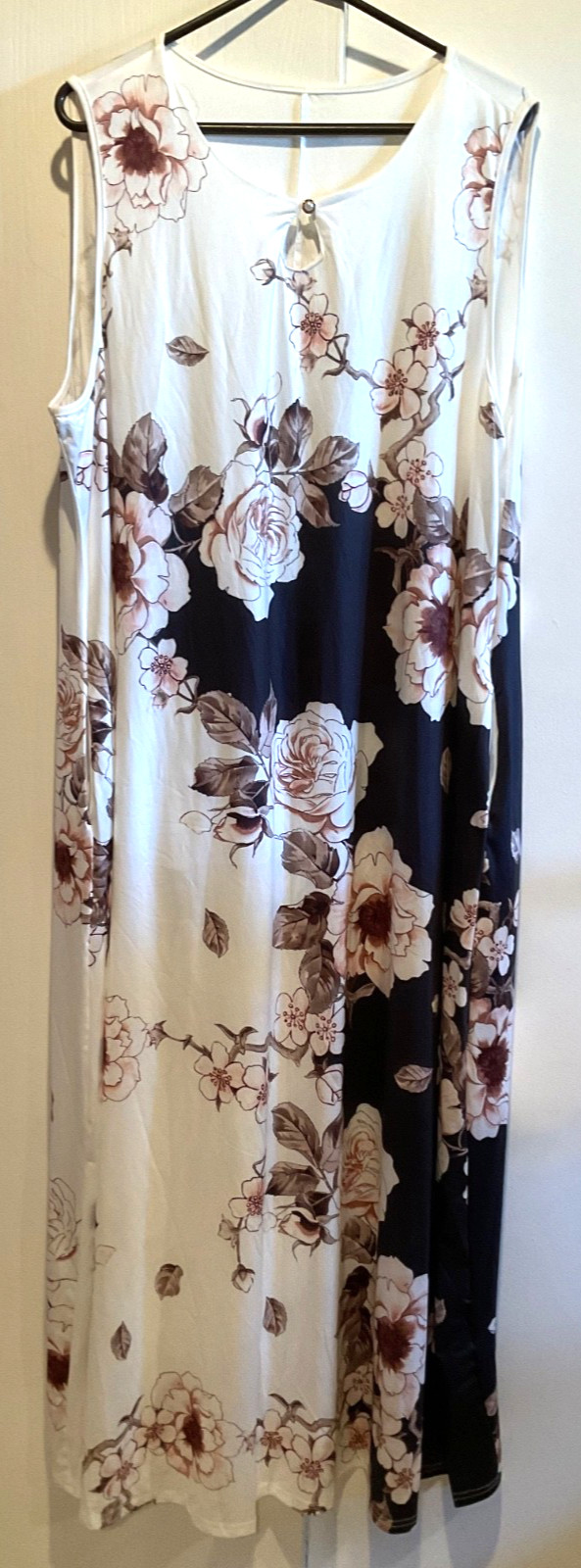 Women’s 5XL Cream/Tan/Black Long Floral Print Summer Dress w/ Pockets & Pearl