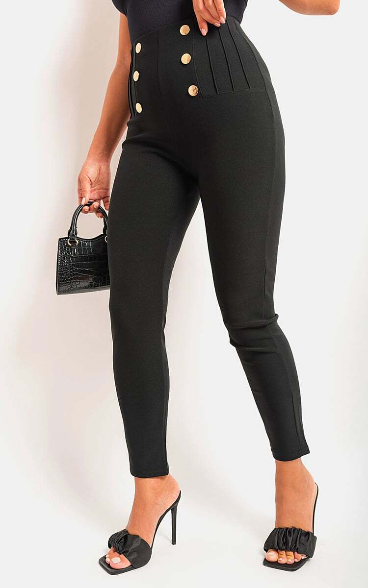Womens Trousers High Waisted Button Detail Casual Stretch Full length Pants
