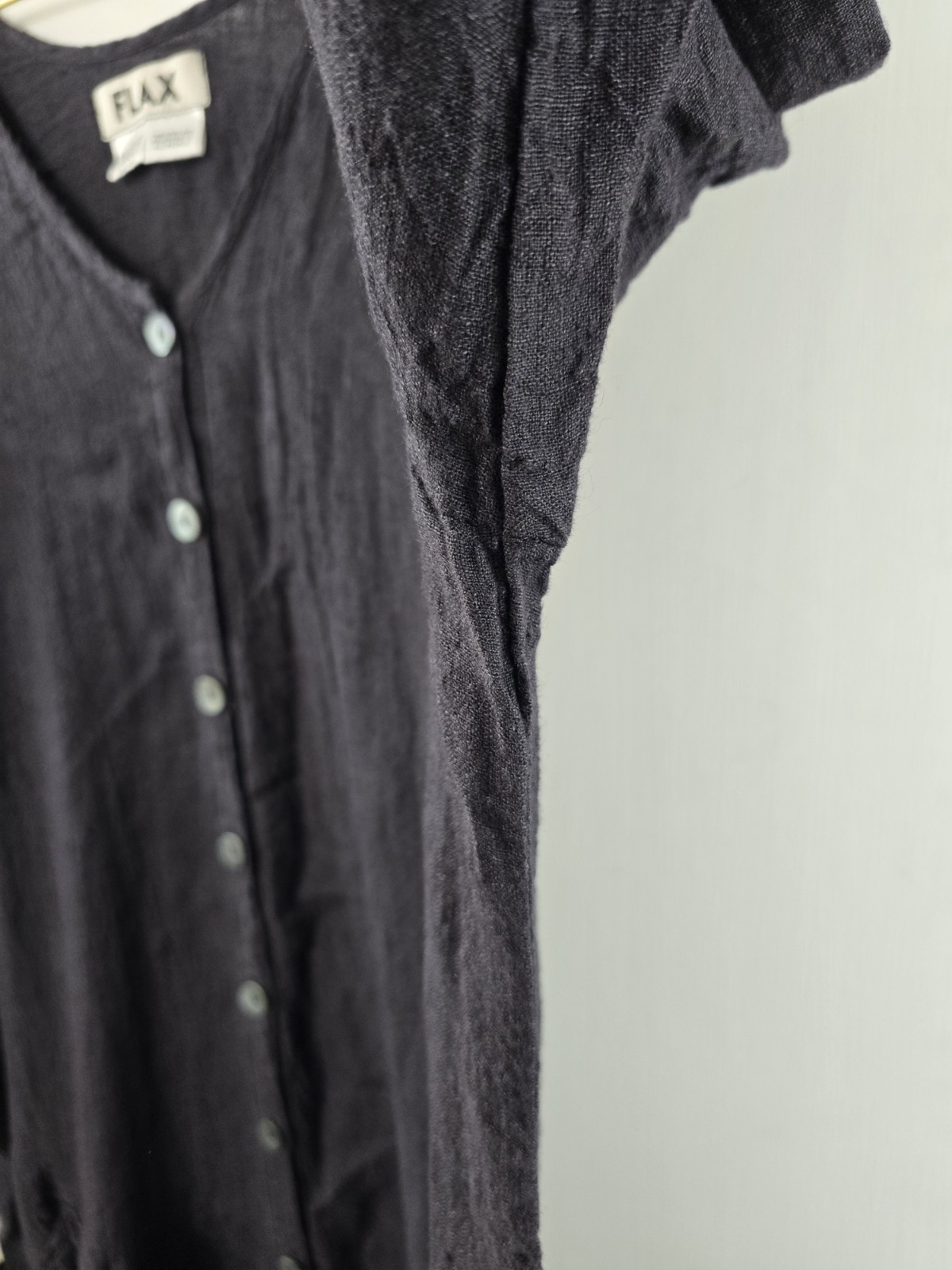 Flax Linen Long Sleeve Button Front V Neck Midi Lagenlook Dress Solid Black Sz L