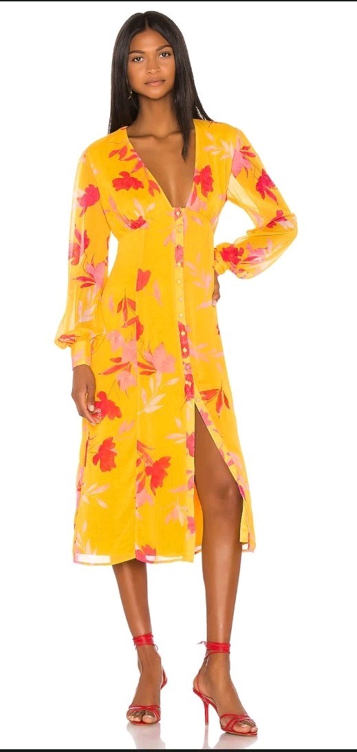 Song Of Style Woman Medium Kofi Midi Dress Yellow Floral Print NWT Read