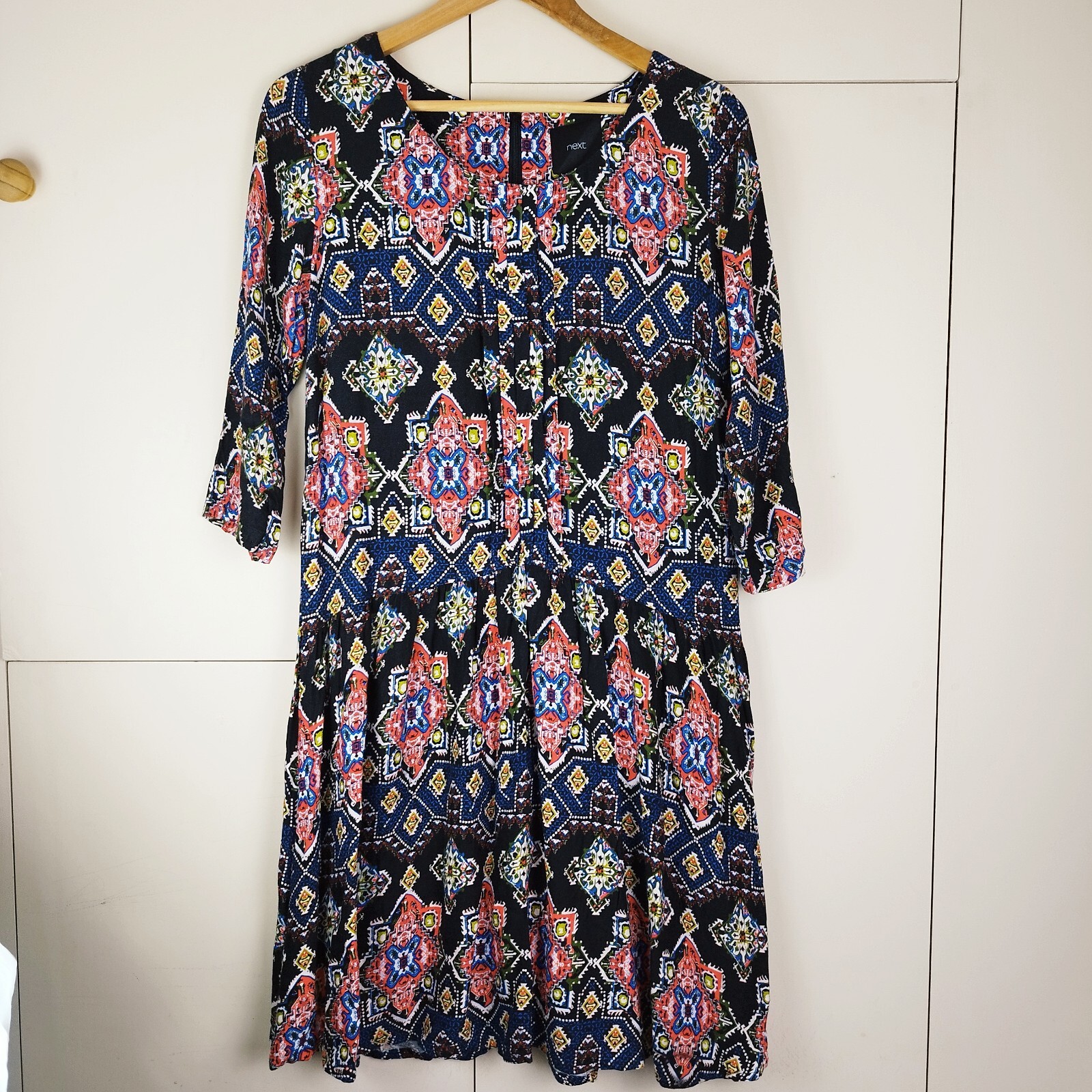Women’s Next Aztec Geometric Dress 12 Blue Black Red 3/4 Sleeve Flowy Summer