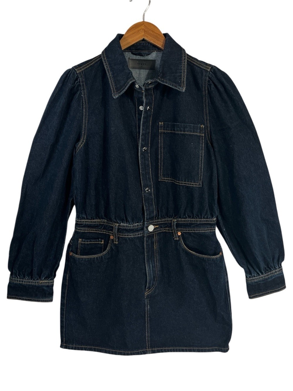 BlankNYC Deep Down Dress in Dark Indigo Wash With Long Puff Sleeves Size Medium