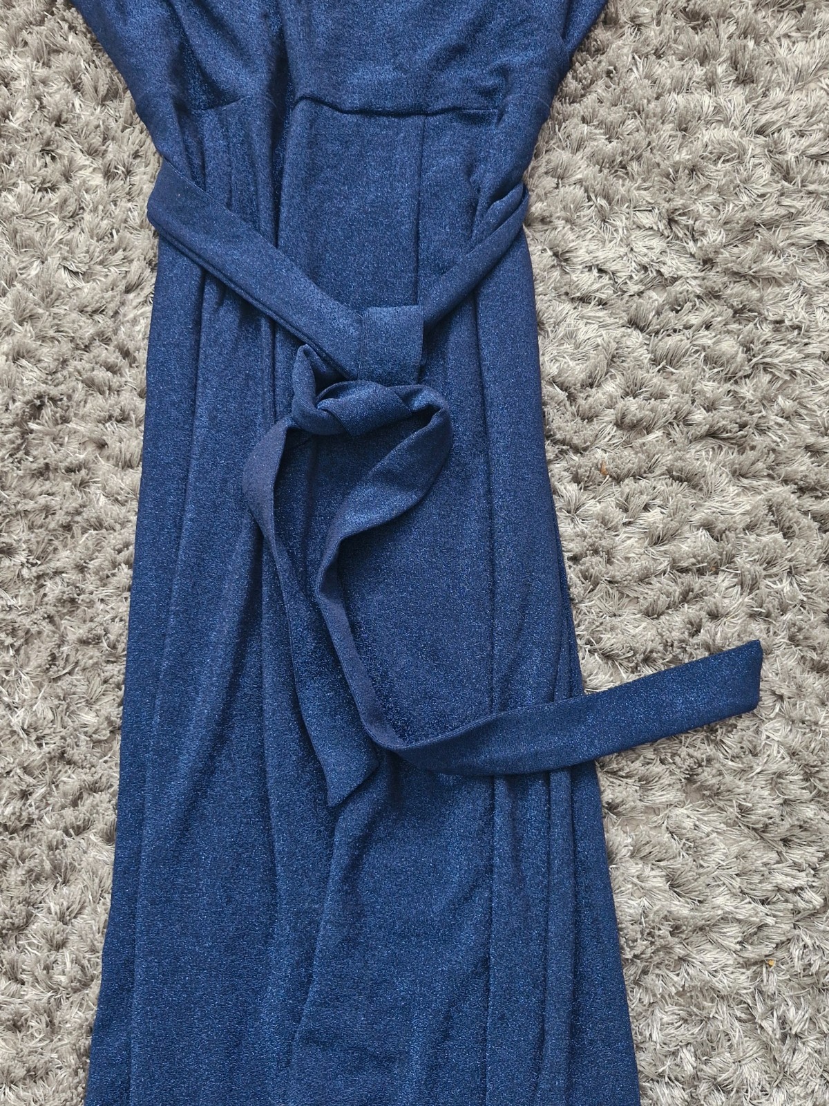 Marks And Spencer Sparkly Midi Dress Size UK 12 Navy Blue Stretch With Belt