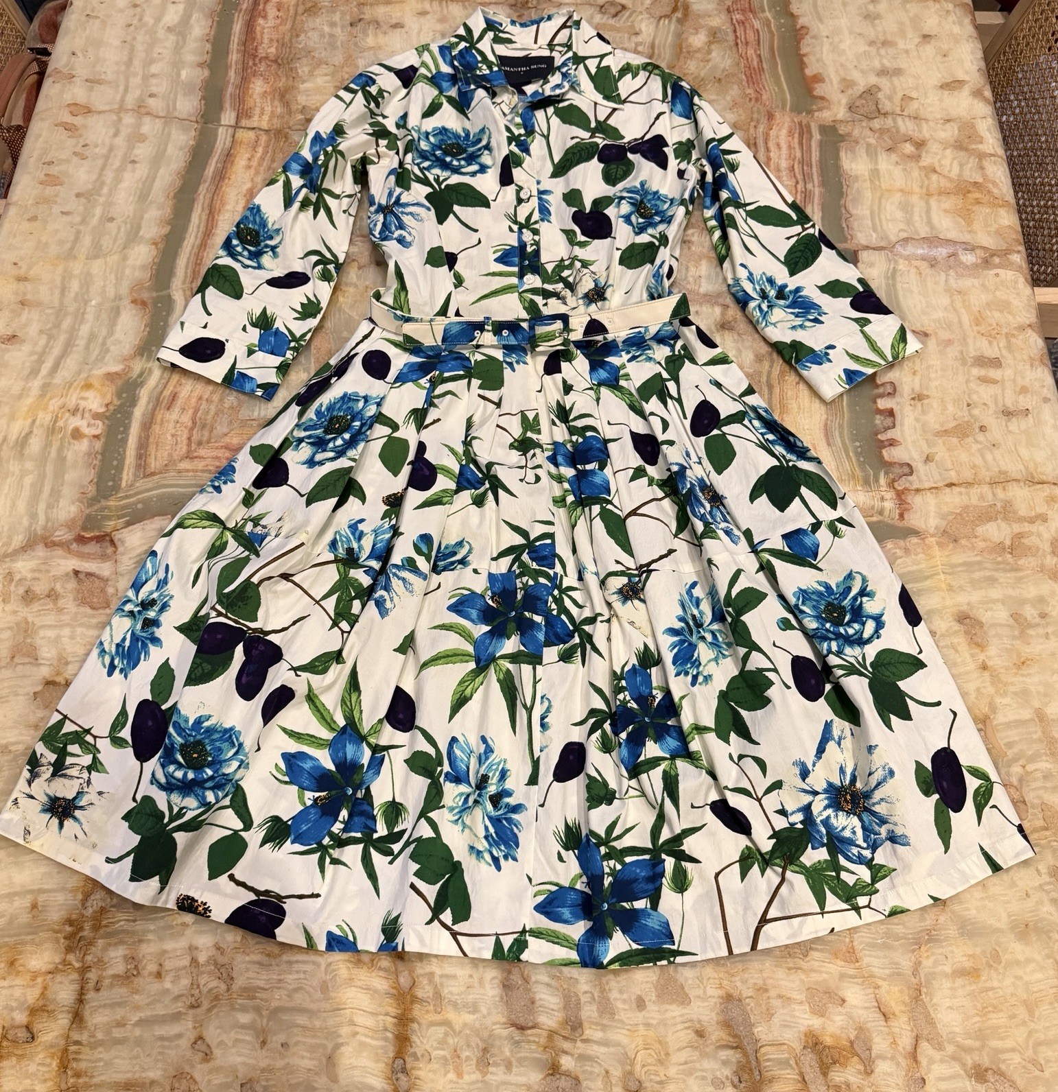Samantha Sung Womens Size 6 Blue Floral Botanical Belted Shirt Dress Cot G2U