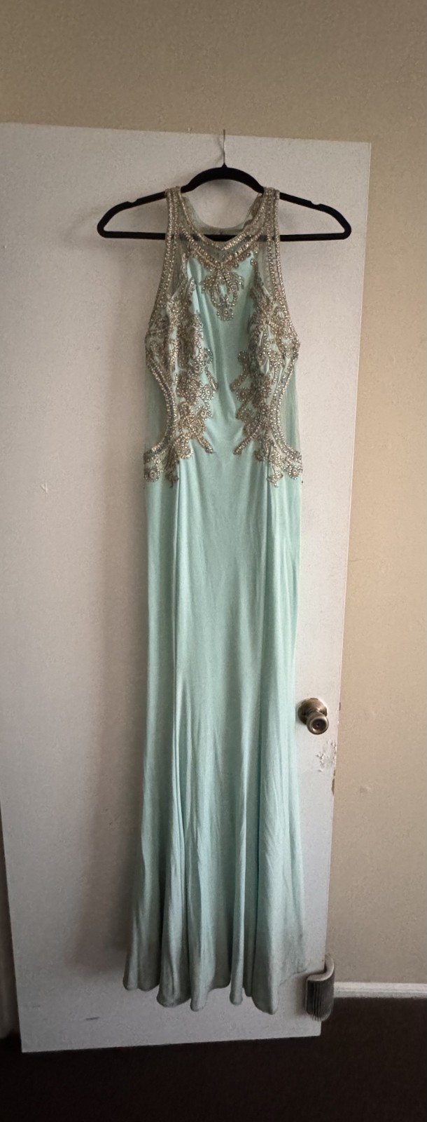 Blue floor length hand-beaded dress formal, bridesmaid