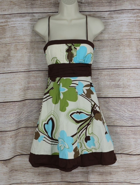 Y2K City Triangle Womens Size 7 Fit & Flare Floral Short Dress White Blue Brown