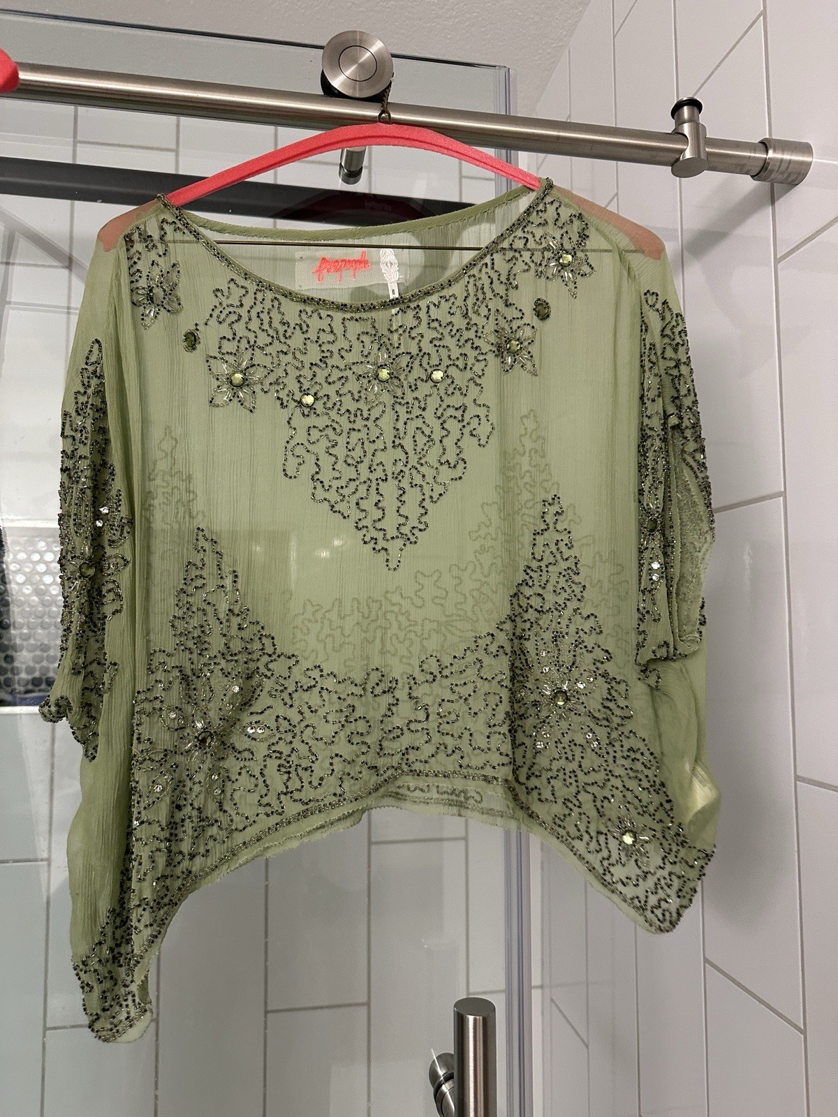 Free People Green Beaded Layered Sequin Chiffon Mini Dress XS Sleeveless