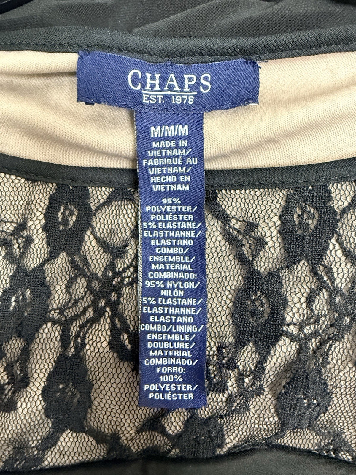 CHAPS Est. 1978-Women’s M Rutched Black Dress Lace Lined Side Panels – Classy!!