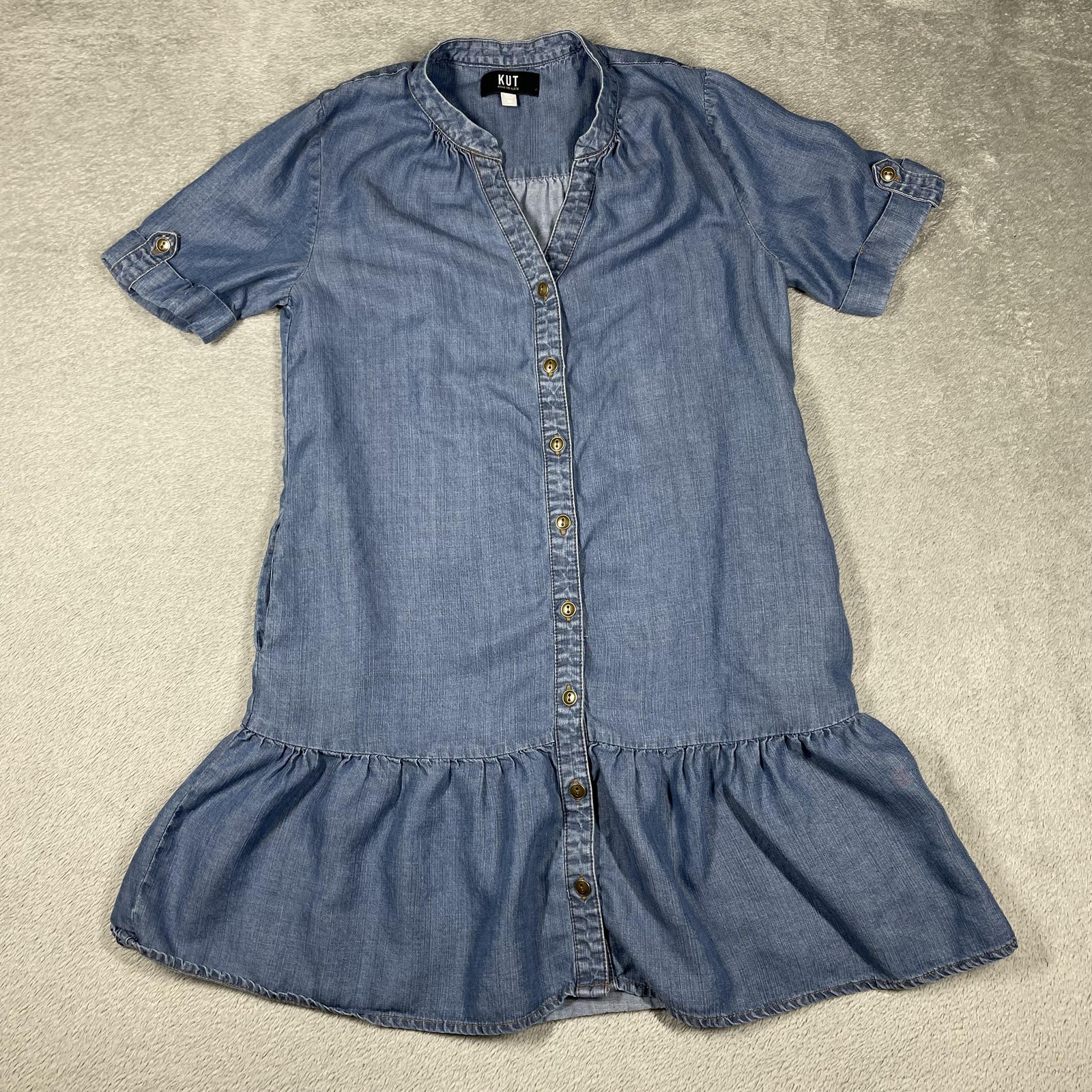 KUT From The Kloth Shirt Dress Womens XS Blue Chambray Lyocell Ruffle Pockets