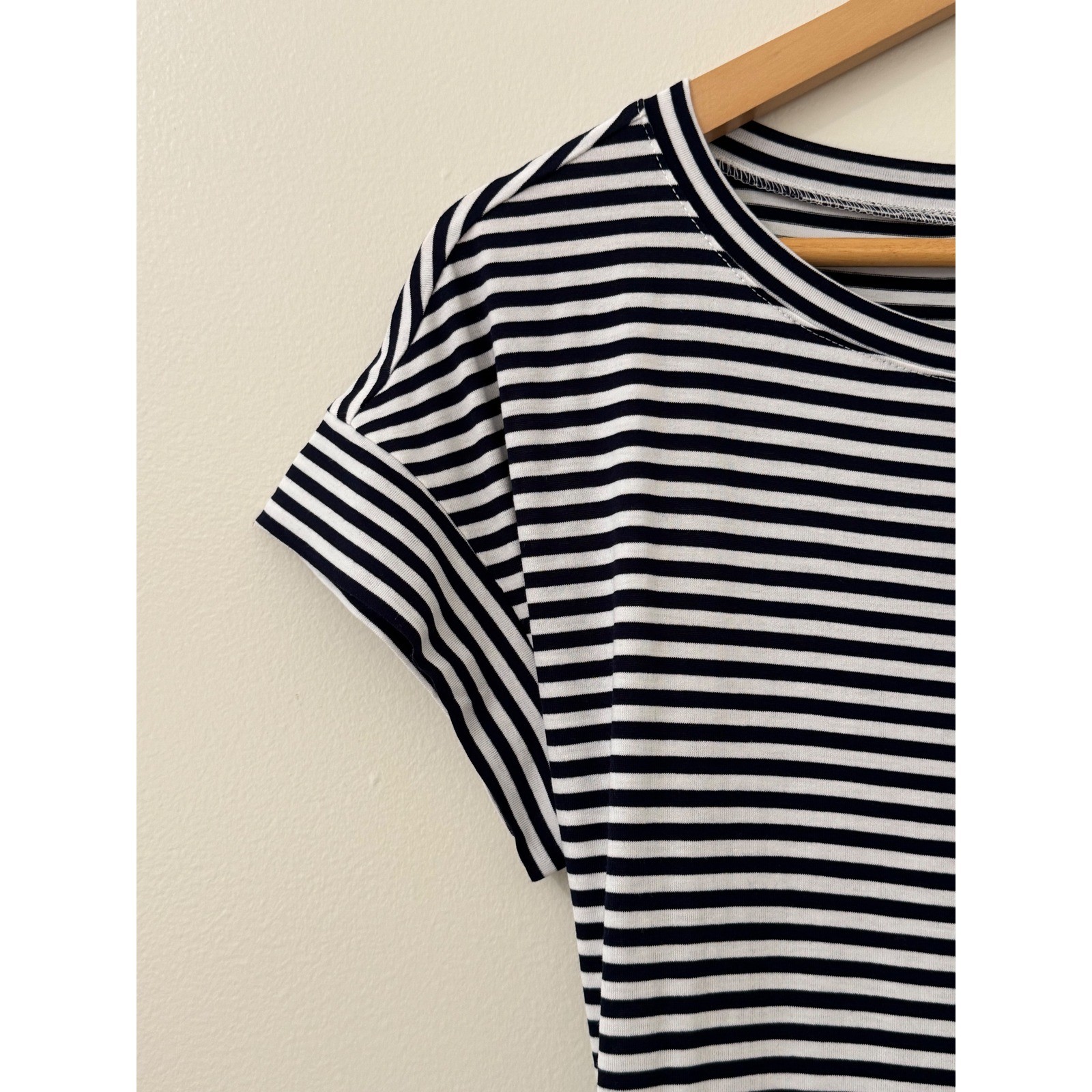 NWT MEROKEETY Navy White Stripe Tie Waist Knee Length Dress Short Sleeve Sz M