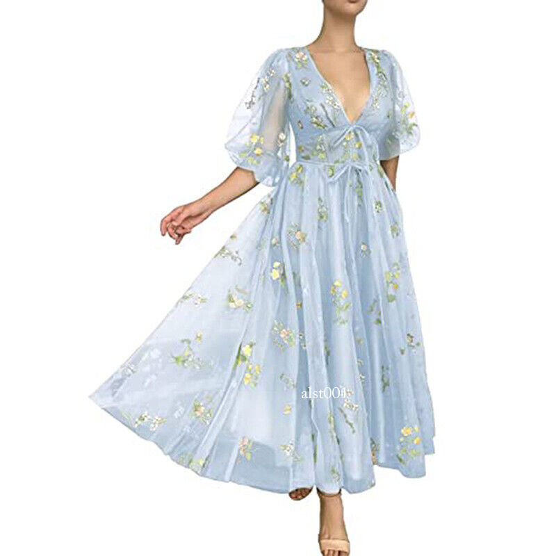 LADY Womens Embroidery Flower Puffy Sleeve Prom Dress Lace Up A-line Midi Dress