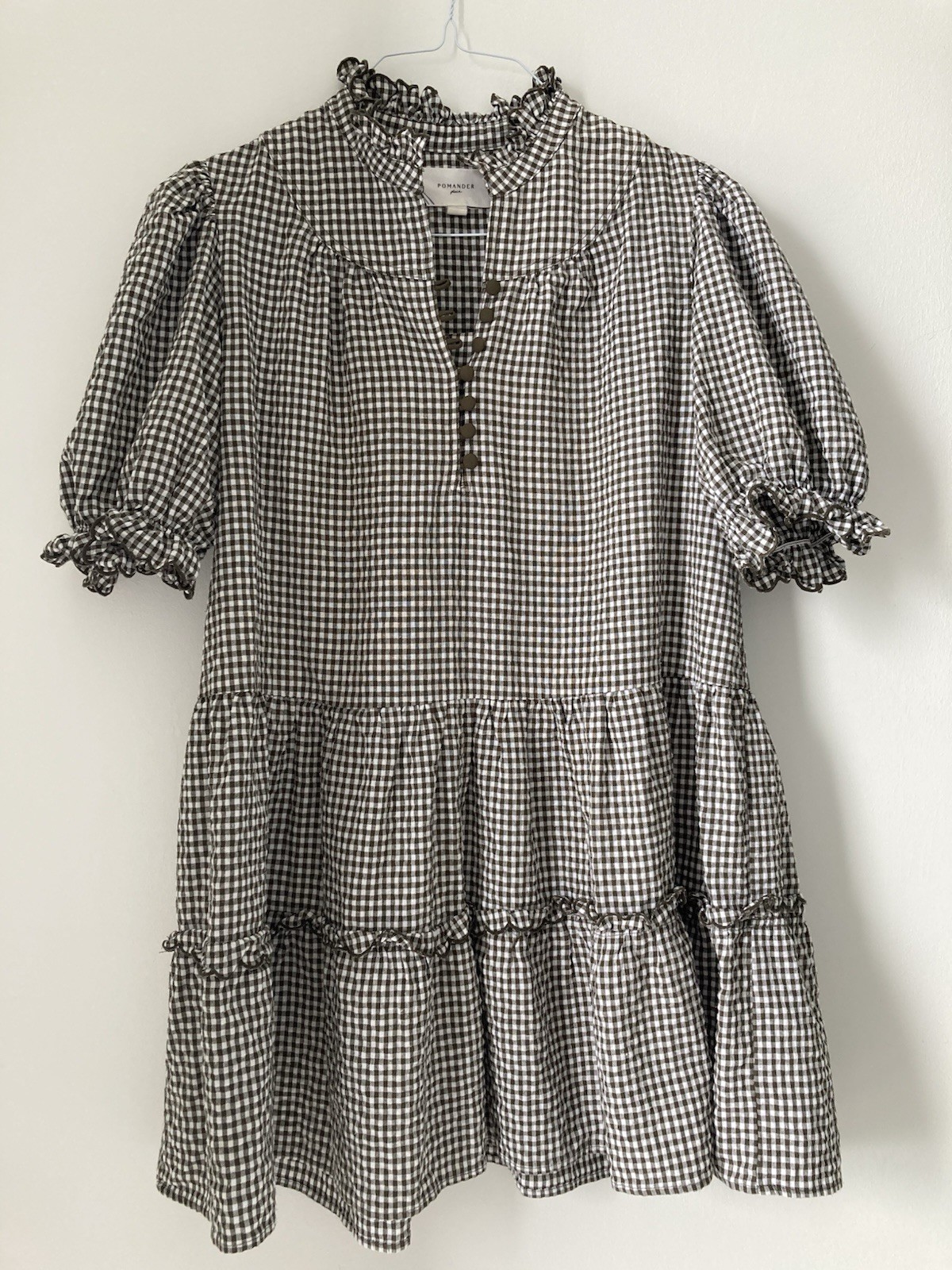 NWOT Pomander Place Brown White Gingham Linen Cotton Babydoll Puff Sleeve Sz L
