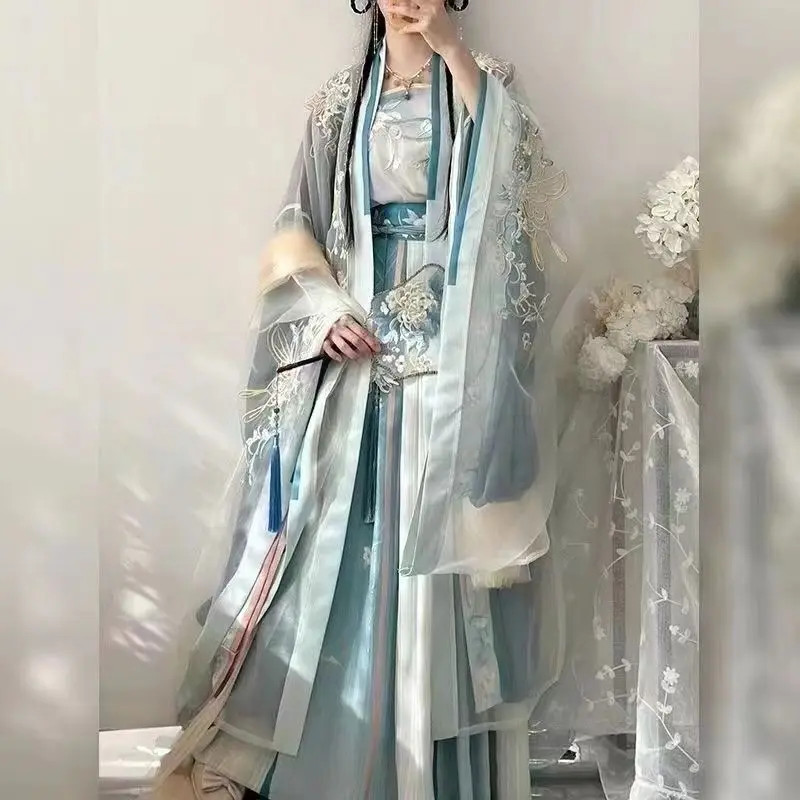 Big Sleeve Cape With Camisole And Pleated Skirt Chinese Style Embroidered Hanfu