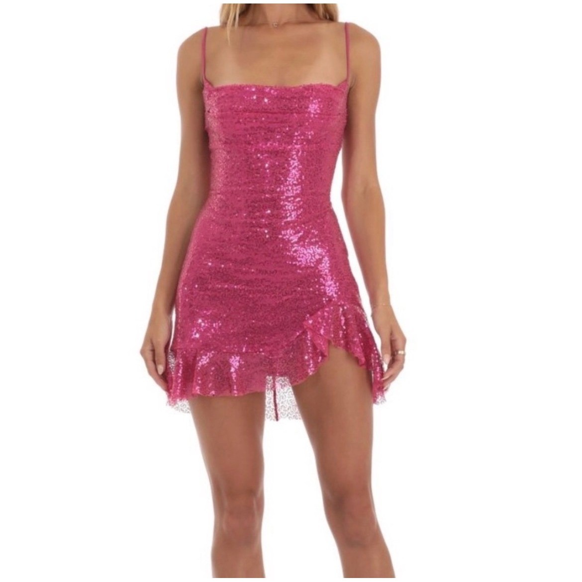 Lucy In The Sky Hot Pink Sequin Lace Up Back Ruffle Mini Dress Small