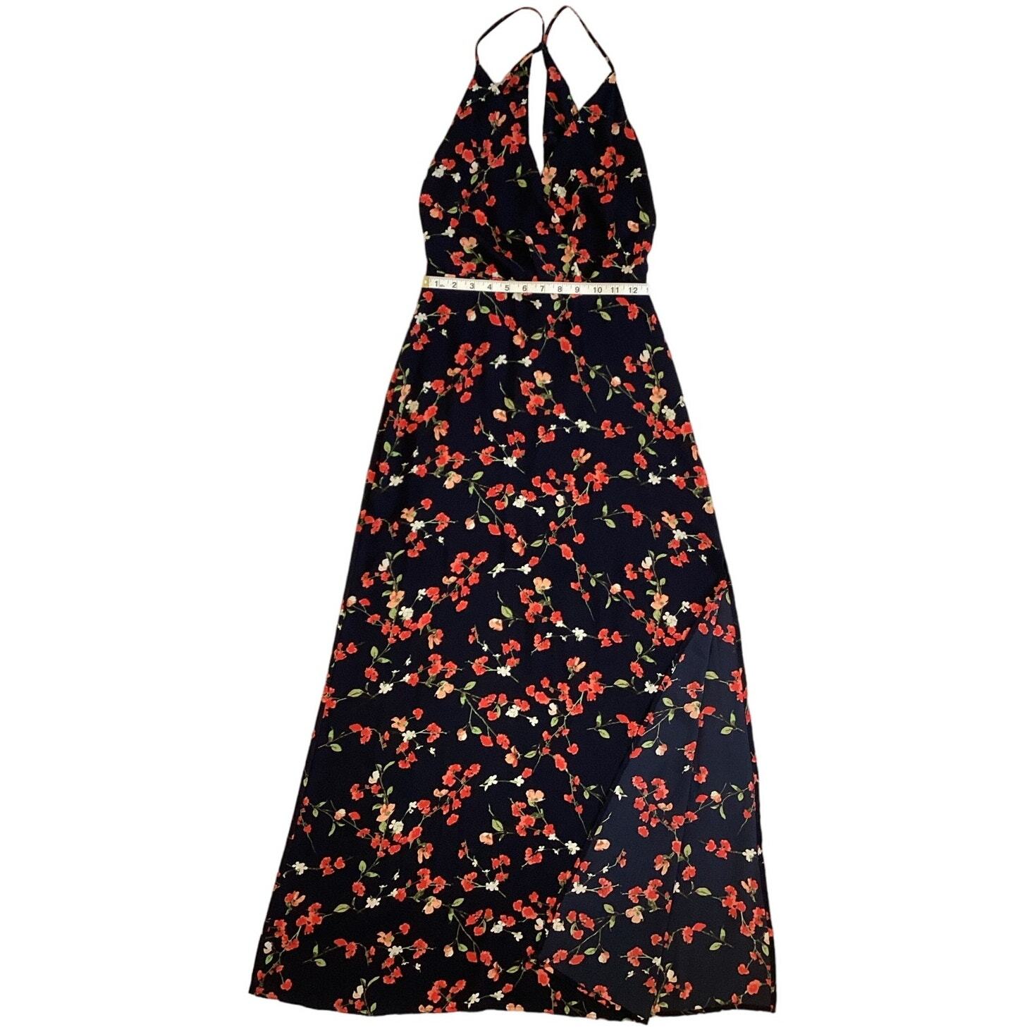 LUSH Floral Maxi Sundress Black Small Strappy V-Neck Wrap Look Side Slit Long