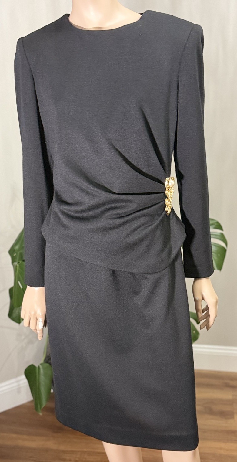 VINTAGE David Warren Saks Fifth Avenue Black Wool Dress Gold Brooch 80s Sz 10