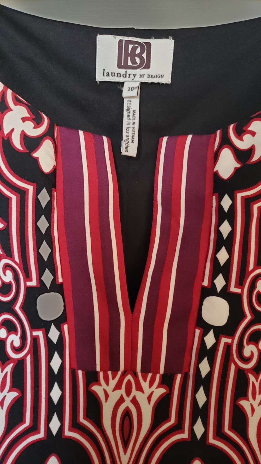 Laundry by Design Sz 10 Dress Geometric Print VNeck 3/4 Bell Sleeve Black Lined
