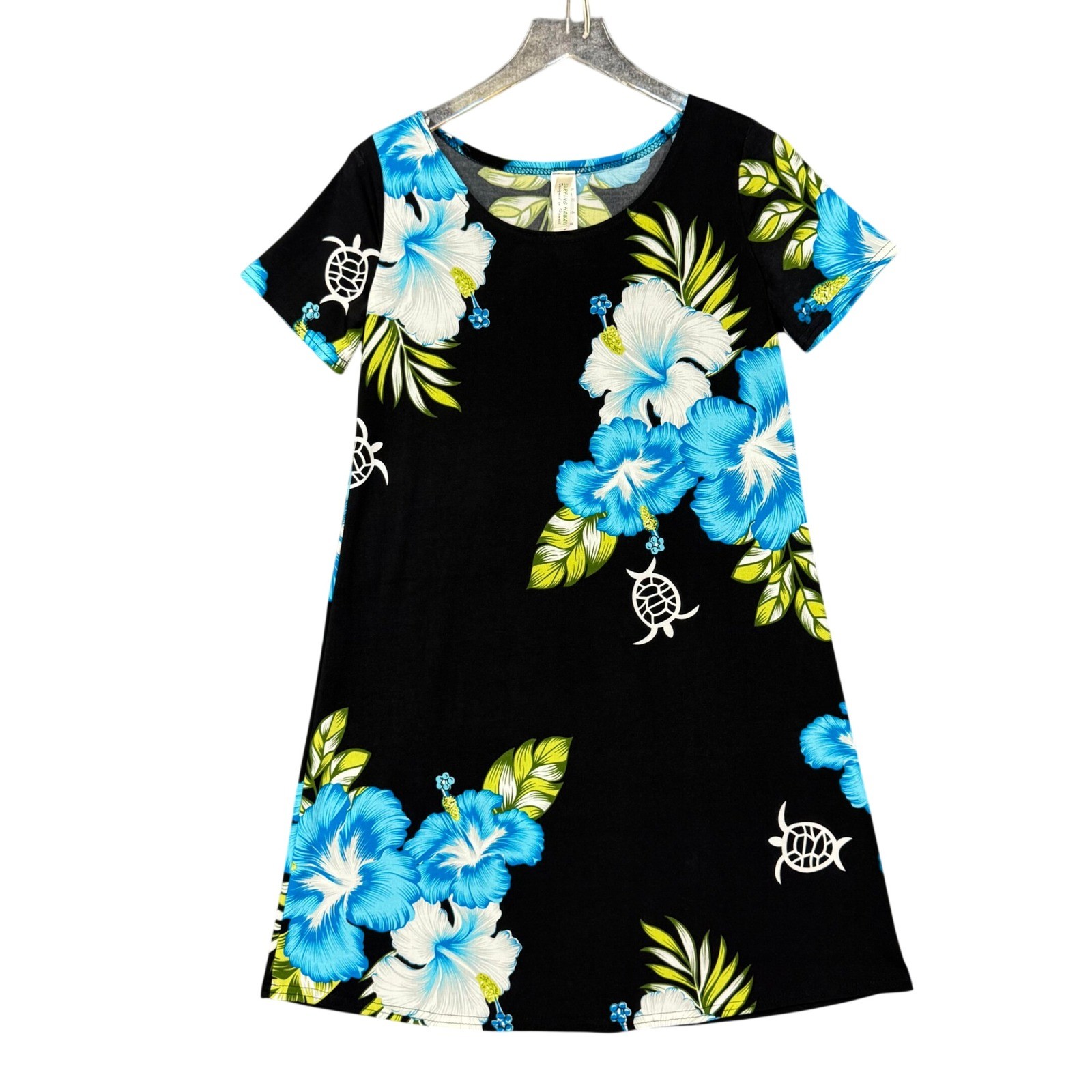 Surfing Hawaii Dress Women Medium Black Blue Hibiscus Print Aloha Turtle A-Line