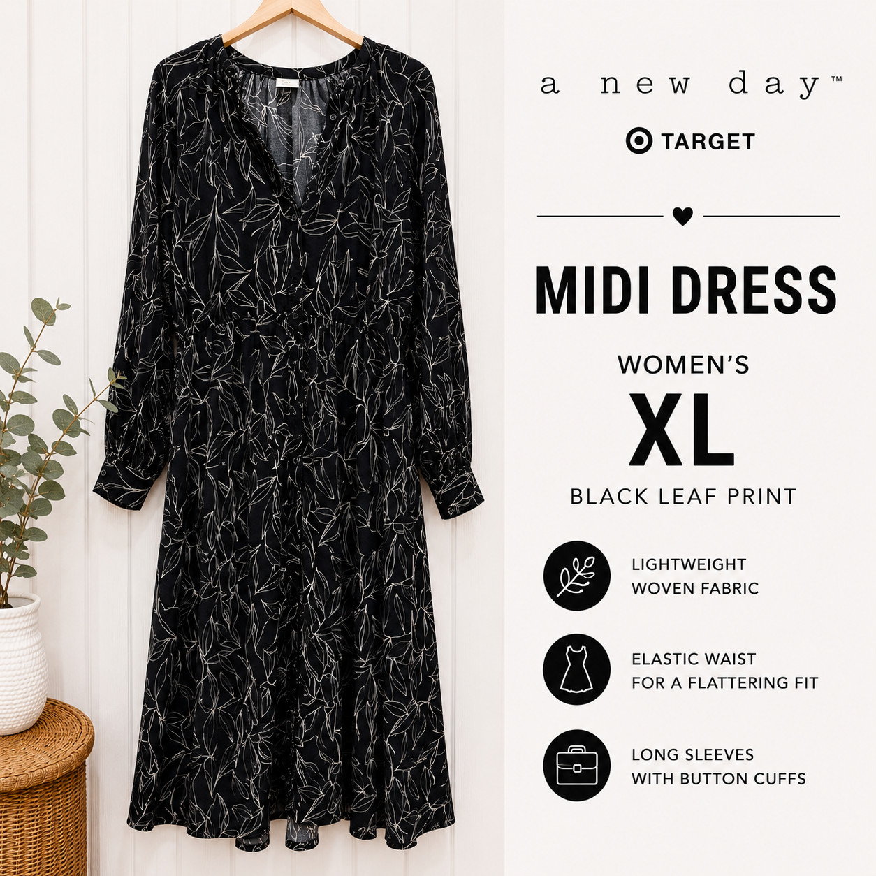 A New Day (Target) XL Black Leaf Print Midi Dress Long Sleeve Elastic Waist VGUC