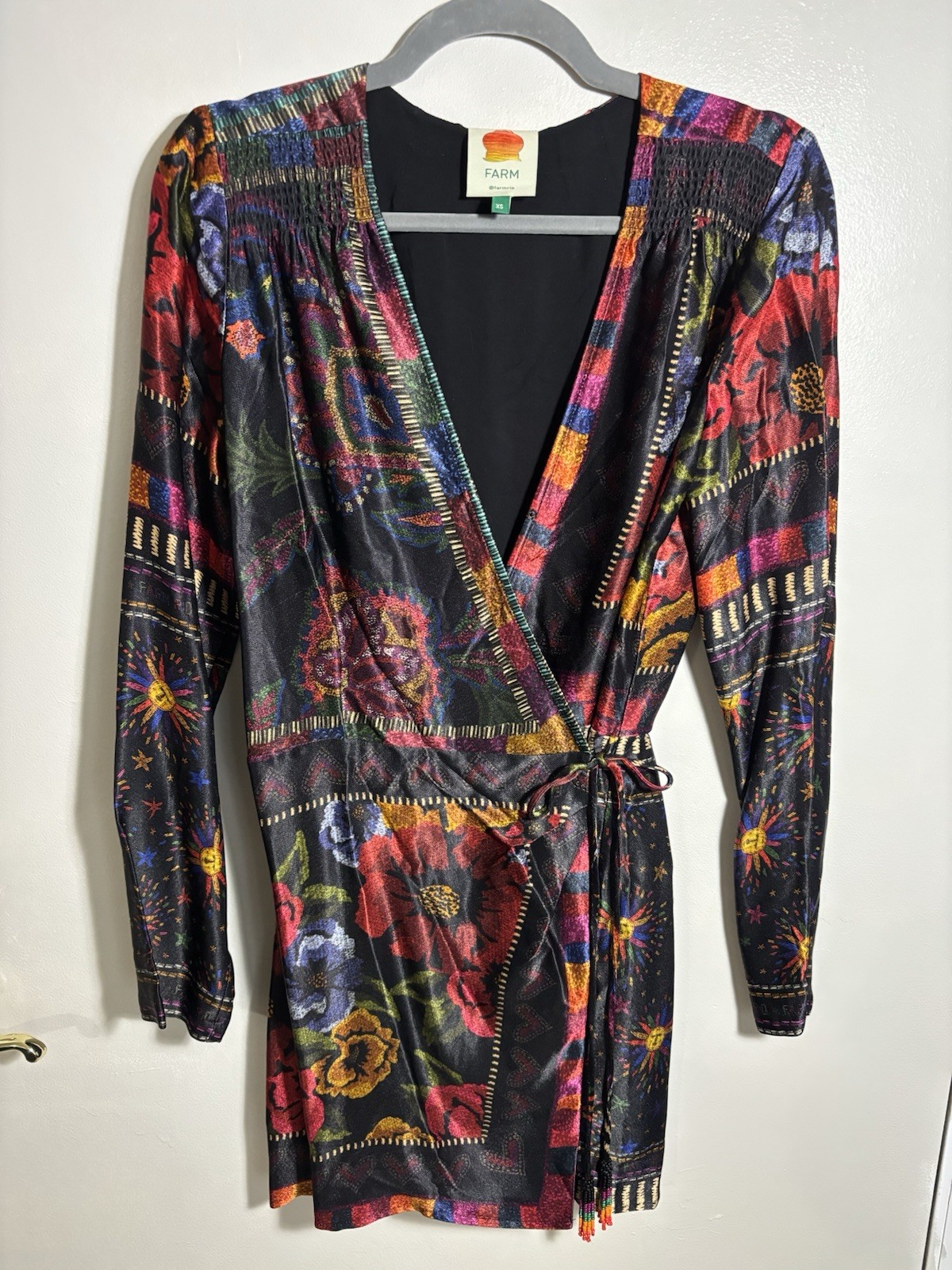 FARM RIO Multicolor XS Long Sleeve Mini Dress Cross Over Tie & Snap Closure