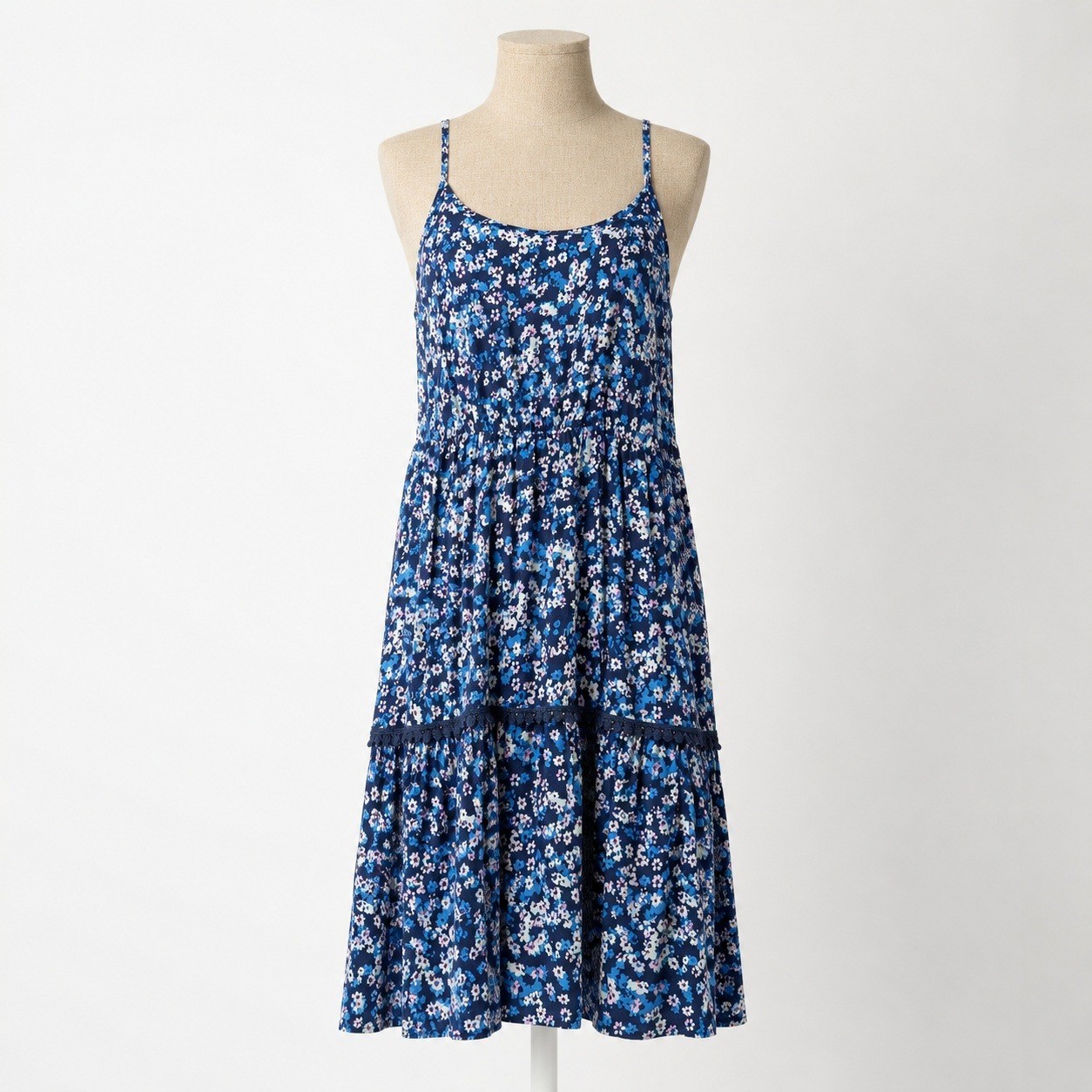 Floral Fairy Tiered Strappy Mini Dress Size M Blue Daisy Cottagecore Preppy Twee