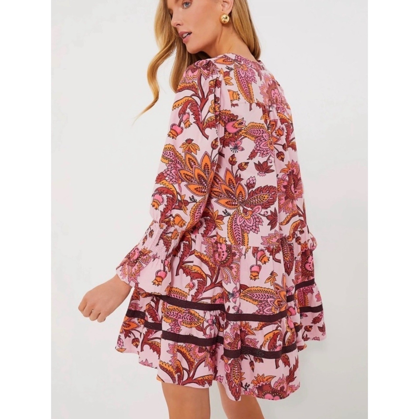 Tuckernuck Sunset Pink Ornate Chintz Kenzo Dress Floral Tiered Mini Ruffle M NWT