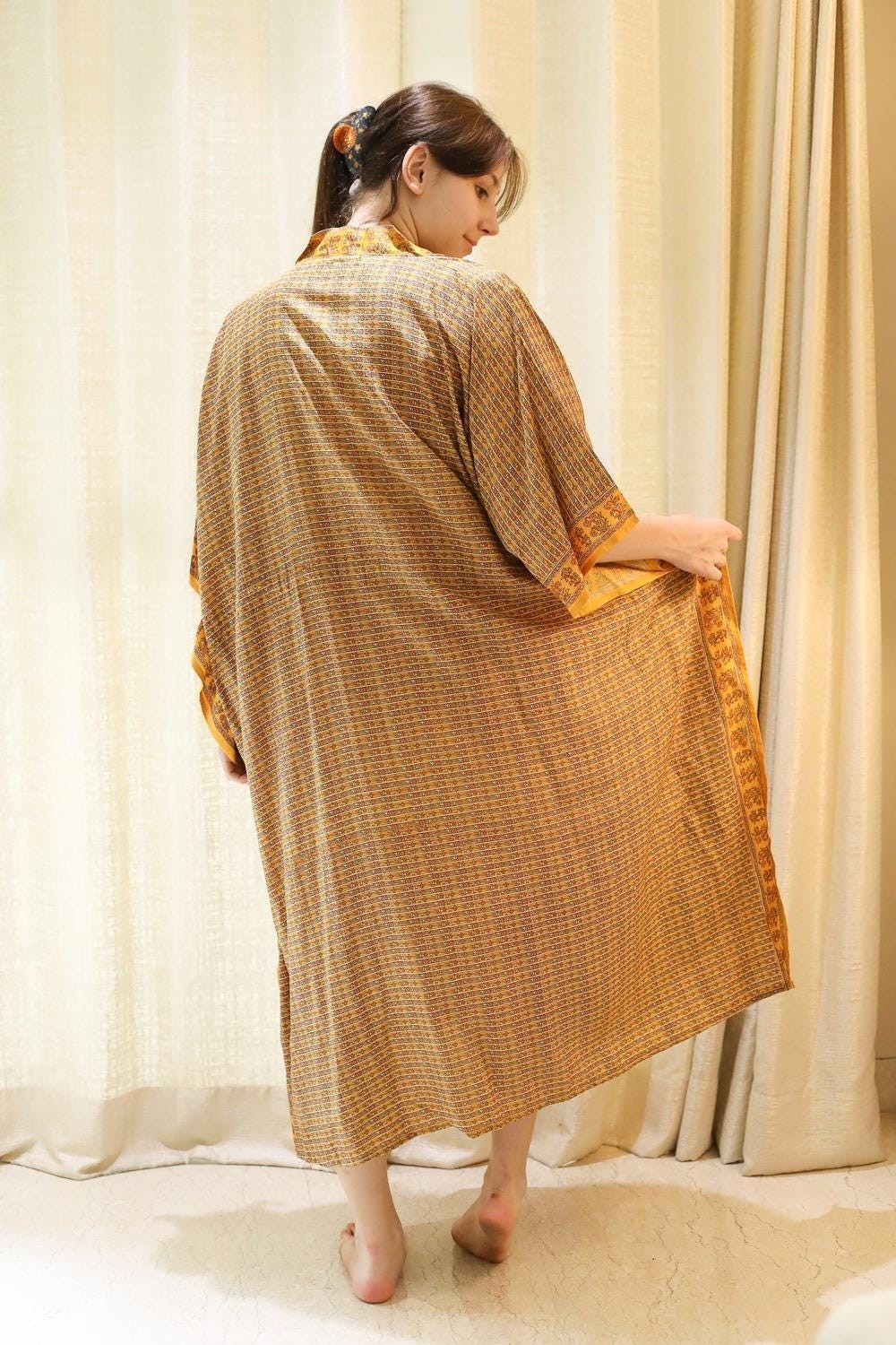 Silk Yellow Kaftan / Handmade Flowy Maxi Dress / Resort Wear Outfit PS MFN1006