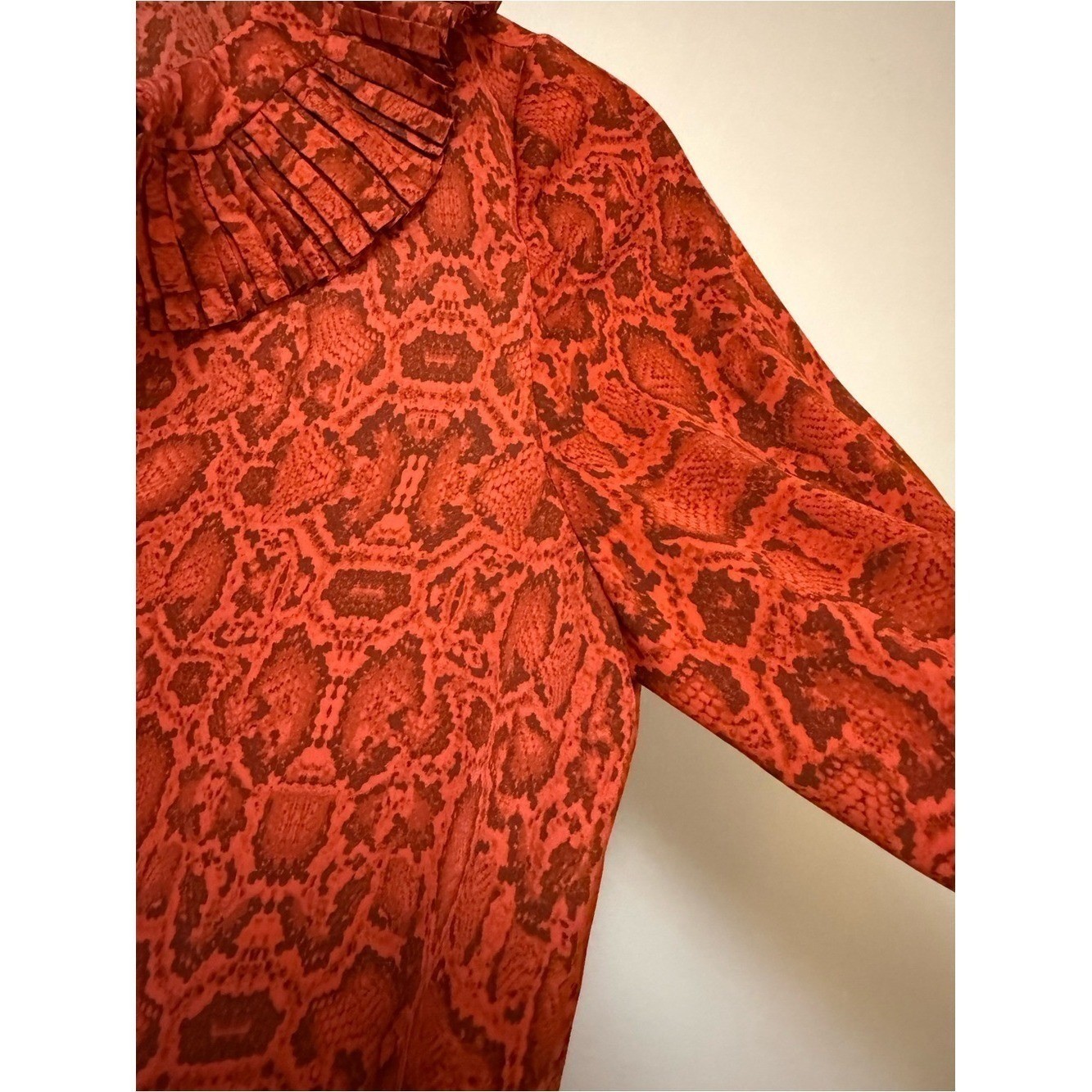 Mango Premium Red Snakeskin Print Ruffle Midi Dress Long Sleeve Size 2 XS