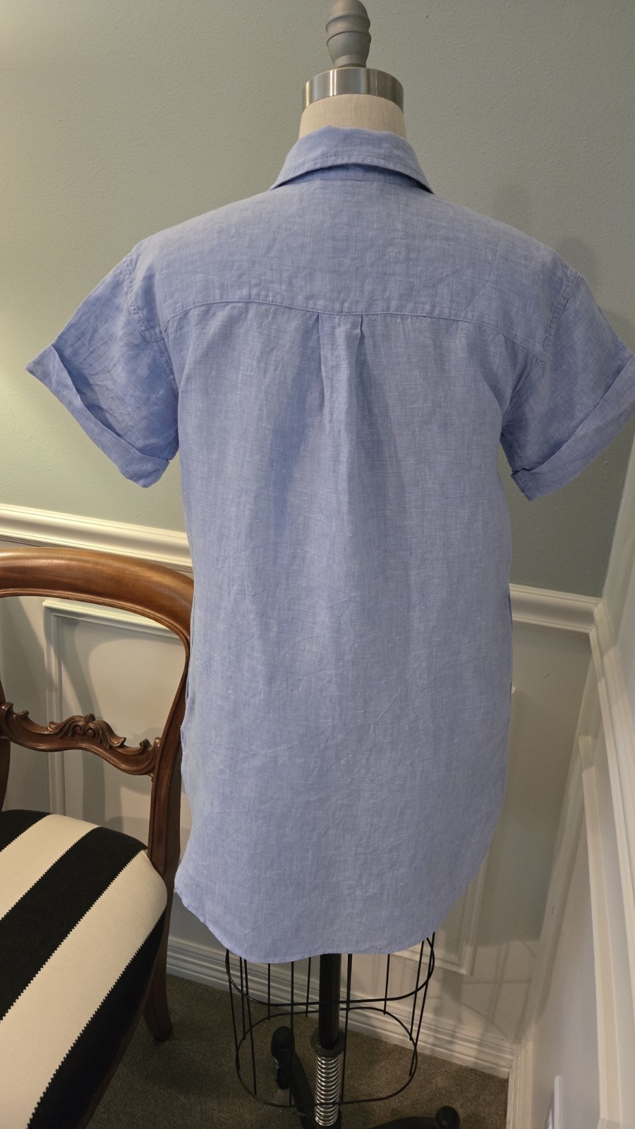 J.CREW Sz XSP Classic Button Front Shirt Dress 100% Linen Blue Preppy, Short Slv