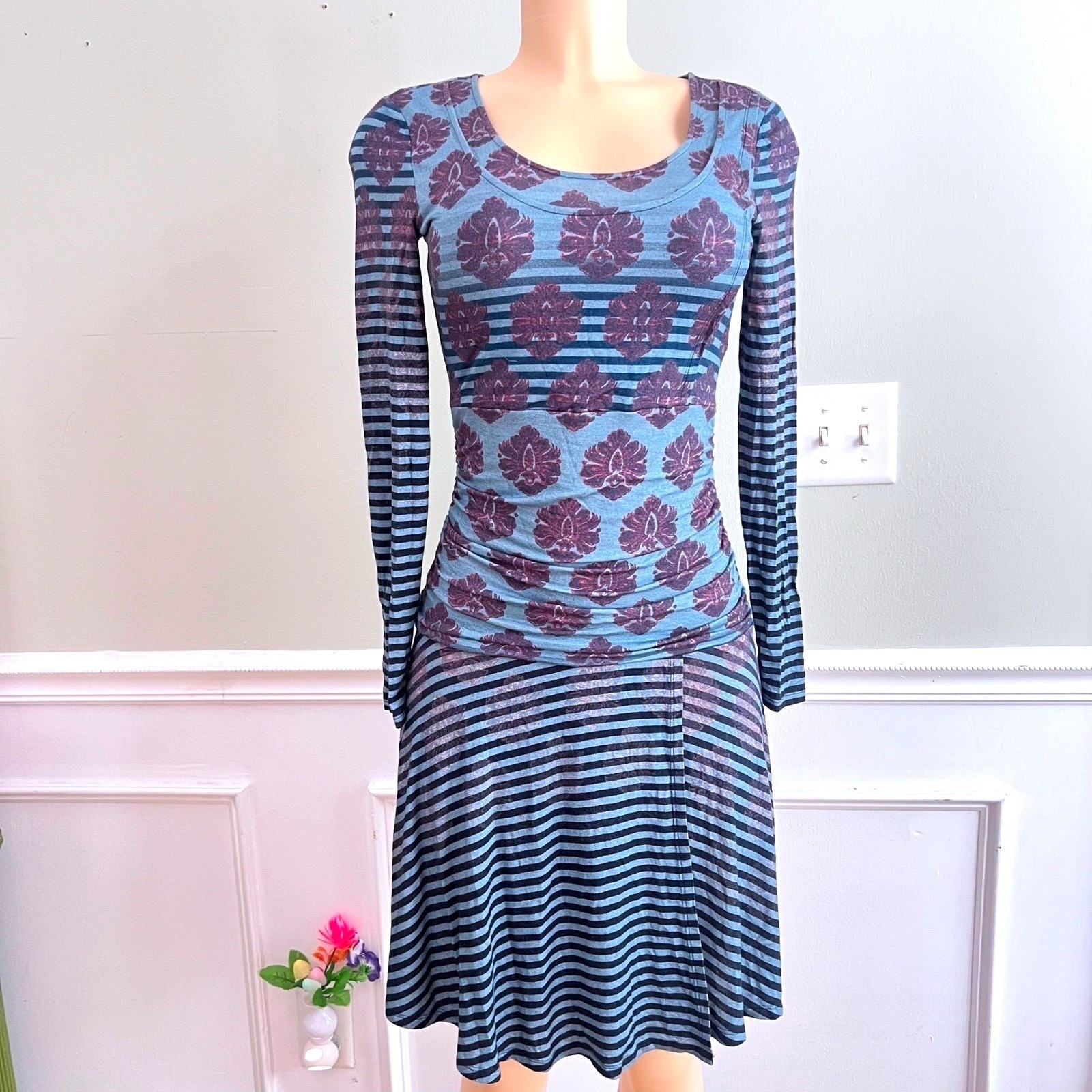Tracy Reese Dress Womens Petite P Small Ruched Long Sleeve Blue Whimsigoth