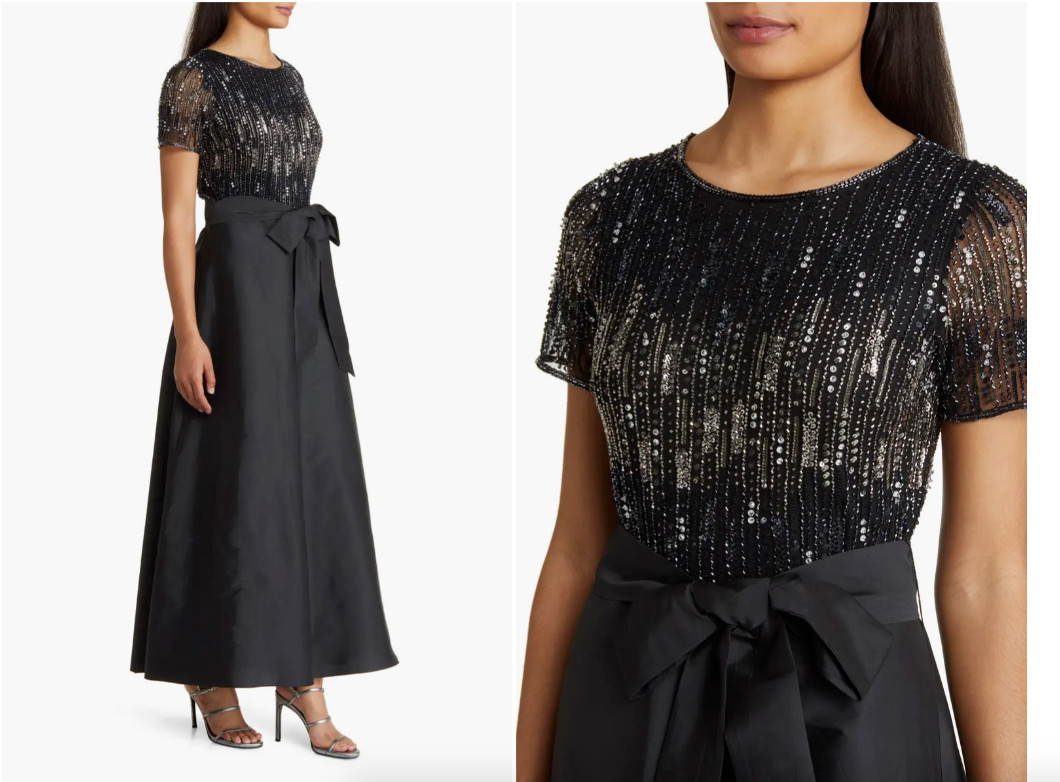 Pisarro Nights Black Beaded Bodice Mixed Media Gown Size 6 $288