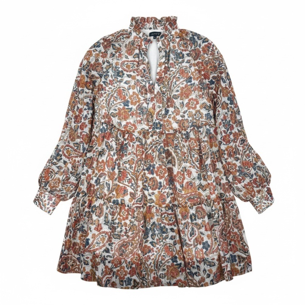 1.STATE Floral Paisley Tiered Dress Metallic Gold Stripe Long Sleeve Ruffle M