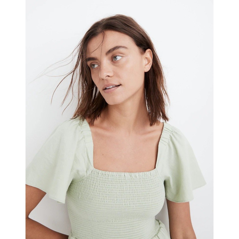 Madewell Linen-Blend Lucie Smocked Midi Dress Size Small Sunfaded Mint MD141