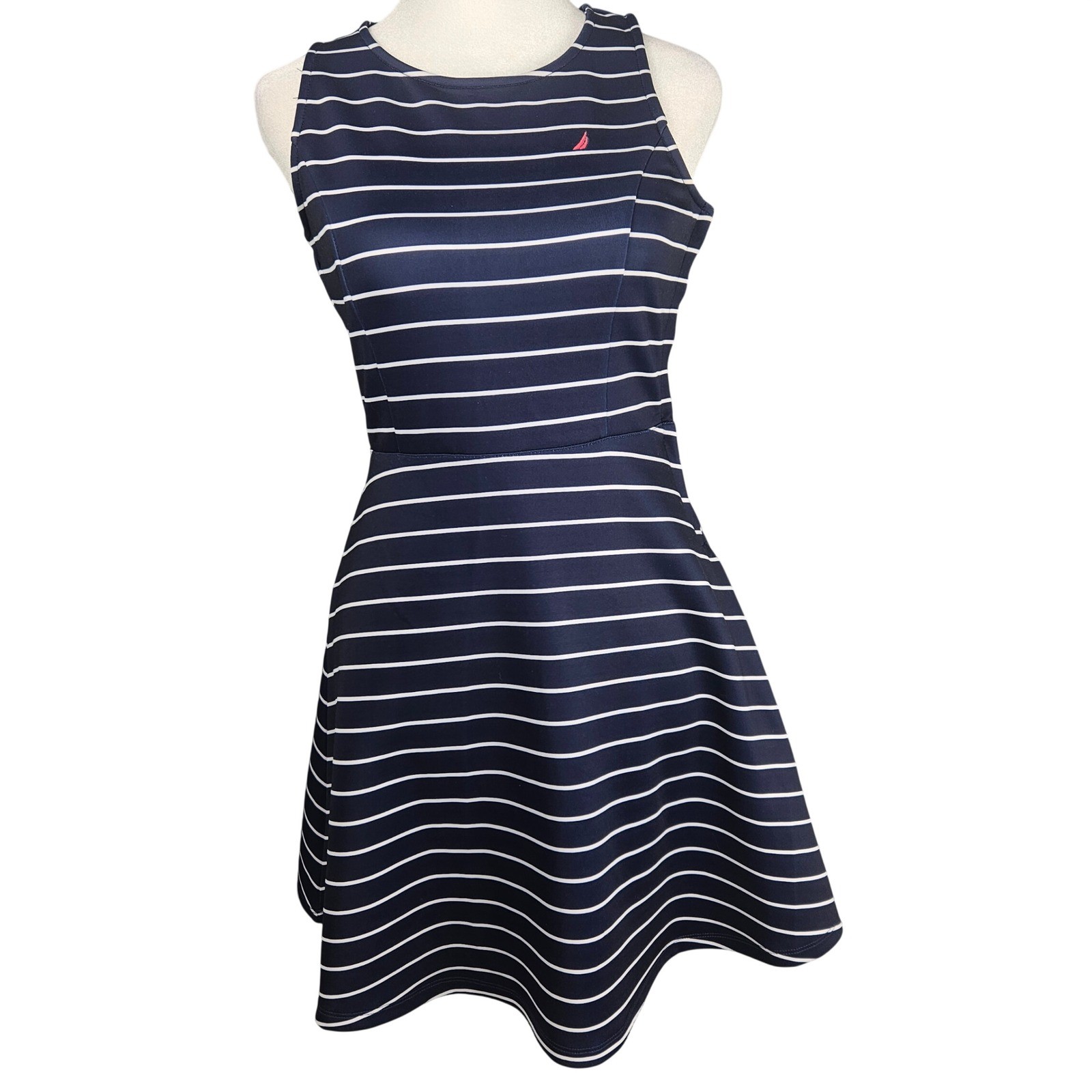 Nautica Womens Navy Blue White Striped Sleeveless Fit Flare Dress Sz 12 Side Zip